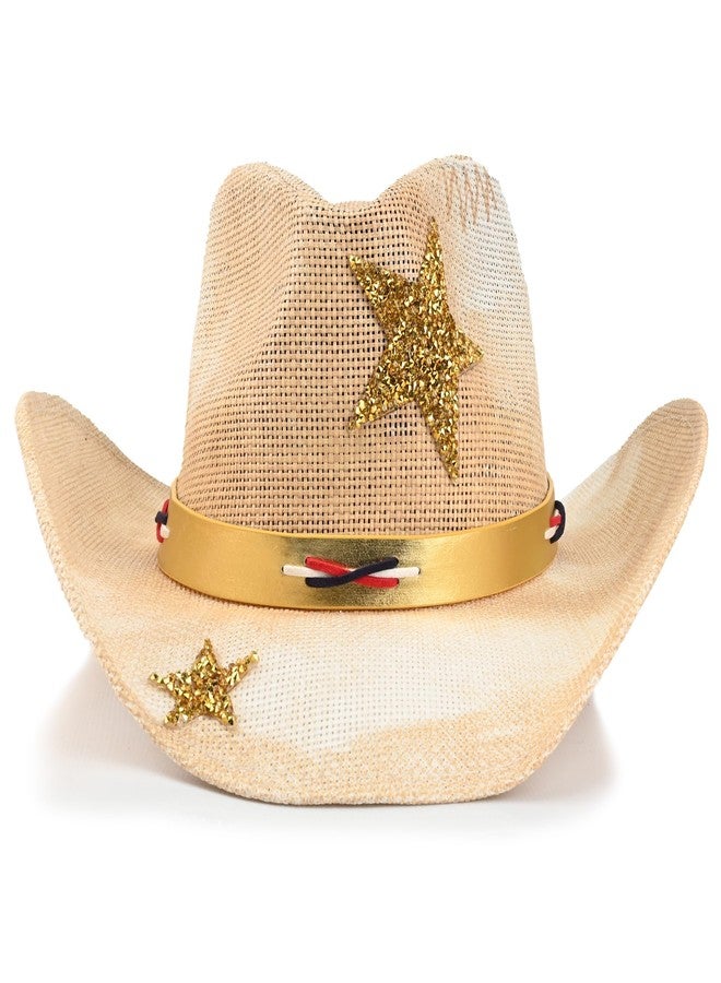 Foeran Cowboy Hat with Men's Women's Western Cowgirl Straw Hats,American Style Gold Glitter Star Braided Headband - Image 2